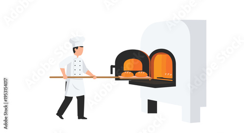 A male baker in a white uniform is placing two loaves of bread into a glowing brick oven with a wooden peel.
