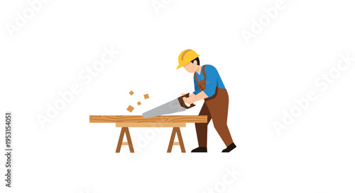 A carpenter in a yellow hard hat saws a wooden plank resting on sawhorses, with wood chips flying, on a white background.