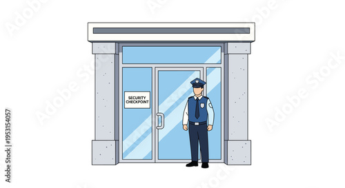 A security guard stands in front of a building entrance with glass doors and a SECURITY CHECKPOINT sign.