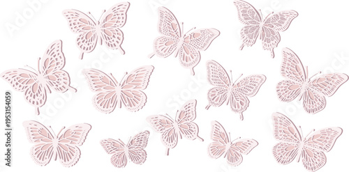 Delicate pink butterflies with intricate patterns on white background