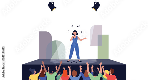 A female singer performs on stage under spotlights for a cheering crowd with abstract shapes in the background.