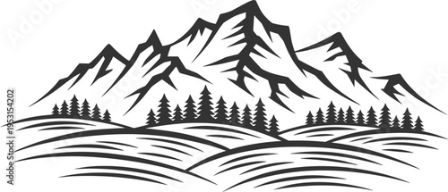 Mountain Range with Pine Trees and Hills vector