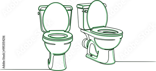 Two Toilets Illustrated with a Single Continuous Line in Green Outline
