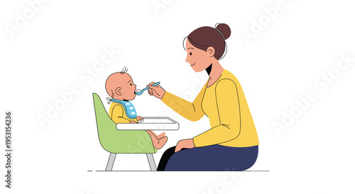 A mother wearing a yellow shirt kneels beside a green high chair, gently feeding a baby with a spoon.