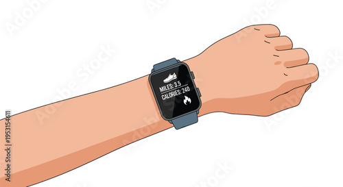 A person's arm wears a dark grey smartwatch displaying fitness metrics like miles and calories.