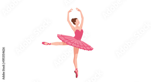 A female ballet dancer in a vibrant pink tutu performs an arabesque pose on pointe.