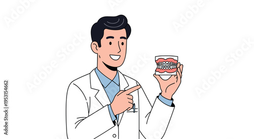 A smiling male dentist in a white lab coat holds a teeth model with braces and points to it.