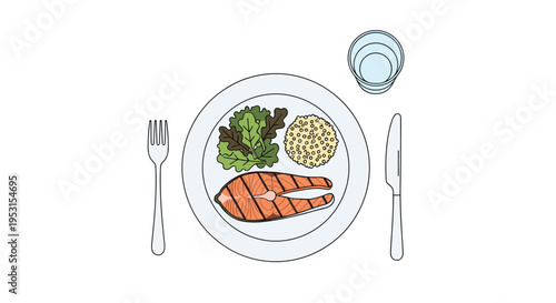A top-down view shows a plate with grilled salmon, salad, and grains, flanked by a fork and knife, with a glass of water.