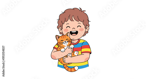A joyful young boy with curly brown hair hugs a smiling orange and white tabby cat against a plain white background.