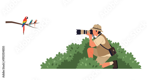 A photographer in a safari hat kneels hidden in green bushes, aiming a camera at three colorful parrots perched on a branch.