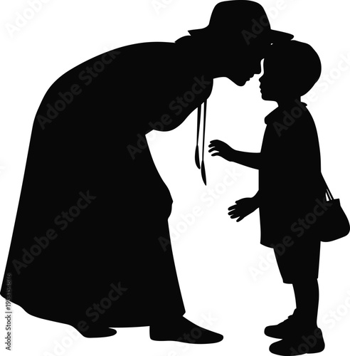 Black silhouette of a mother wearing a hat leaning down to kiss her small son representing parental love and care