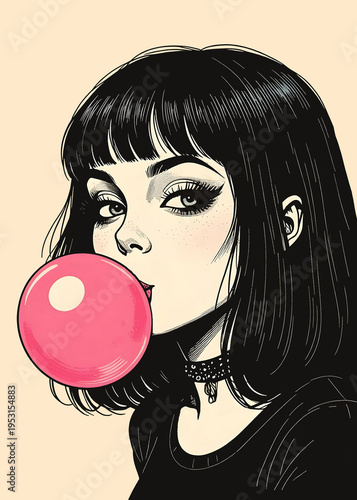 Goth girl with pink bubble gum bubble, retro illustration