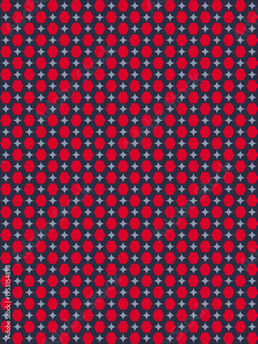 Red Dots and Gray Stars Repeating Pattern on Dark Blue vector background