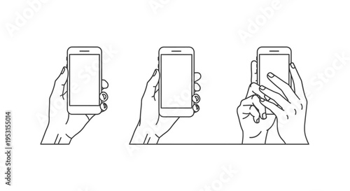 three line art hands holding smartphones in various grips illustrating mobile phone usage and user interface interaction concepts.