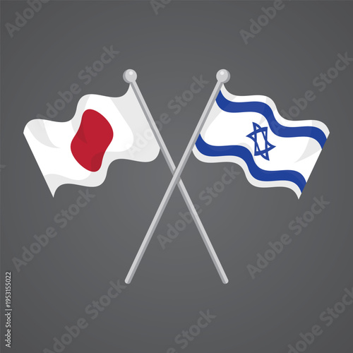 Crossed Japan and Israel flags on silver poles representing bilateral diplomatic friendship and international cultural exchange