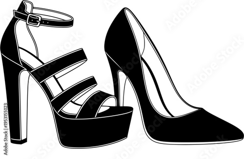 Two elegant high-heeled shoes, a platform sandal and a stiletto pump
