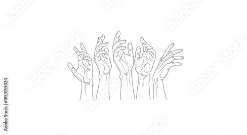 minimalist line art illustration of multiple hands reaching upwards evoking concepts of hope struggle and human connection ideal for expressive designs