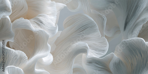 Abstract white sculptural 3D waves with layered paper texture for design, textiles, packaging, and home decor wallpapers