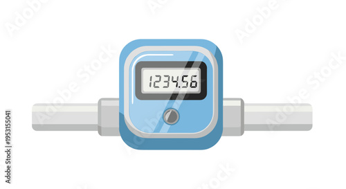 A light blue digital meter with a dark grey screen displaying 1234.56 is connected to two light grey pipes.