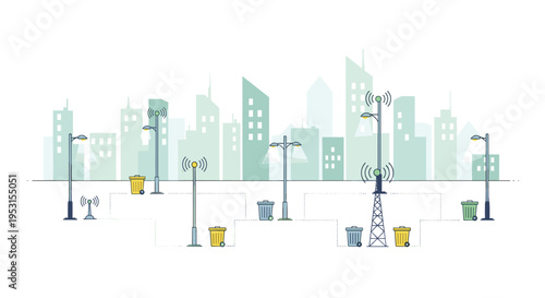 A city skyline with light green buildings features multiple streetlights, communication towers, and trash cans on a white ground.