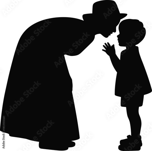 Black silhouette vector of a mother wearing a hat leaning down to kiss her small child representing parental love care