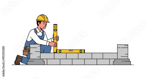 A construction worker wearing a yellow hard hat and blue overalls is kneeling and using a spirit level to lay grey concrete blocks.