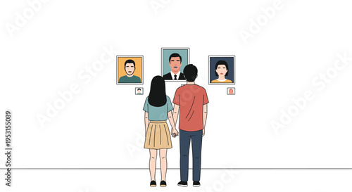 A couple stands holding hands with their backs to the viewer, looking at four framed portraits on a white wall.