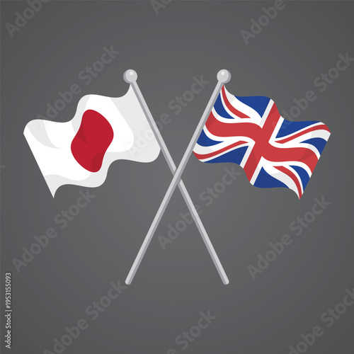 Crossed Japan and Great Britain flags on silver poles for transcontinental diplomatic partnership and official ceremonies