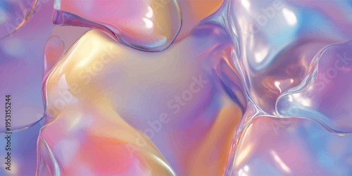 Abstract holographic liquid glass for design, textiles, and packaging featuring pastel rainbow iridescent swirls and glossy 3D fluid textures