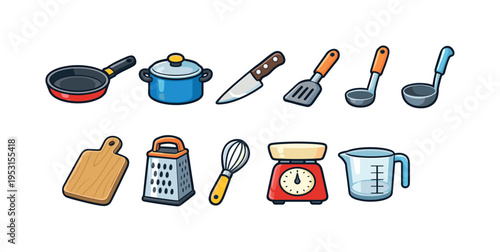 Collection of cartoon kitchen utensils and cookware for cooking and baking preparation