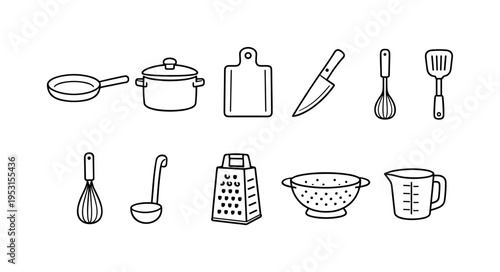 Collection of simple line art kitchen utensils for cooking and baking preparation