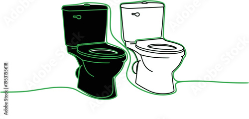 Two Toilets Illustrated with a Single Continuous Line in Green Outline
