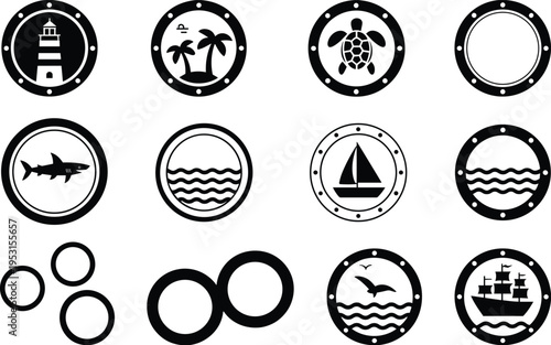 Maritime Porthole Icon Set with Nautical Sea Life Lighthouse Sailboat and Seagull Black Vector Silhouettes Isolated on White for Ship Design