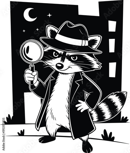 Raccoon Detective Character Wearing Fedora Hat and Trench Coat Holding Magnifying Glass in Front of City Night Skyline Vector Illustration