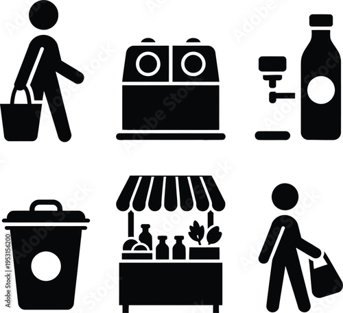 Black and white icons representing sustainable local commerce featuring people carrying reusable bags a market stall and bulk food refill stations.