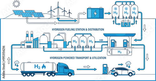 Infographic of green hydrogen production energy cycle from solar and wind power to fueling station and transport flat vector illustration.