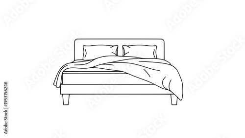 Minimalist Line Art of a Double Bed with Pillows and Duvet
