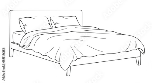 Minimalist Line Art of a Double Bed with Pillows and Duvet
