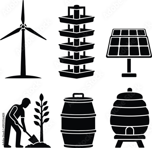 Vector icon set of sustainable living and urban farming featuring wind turbine vertical garden solar panel gardener rain barrel and beehive silhouettes.
