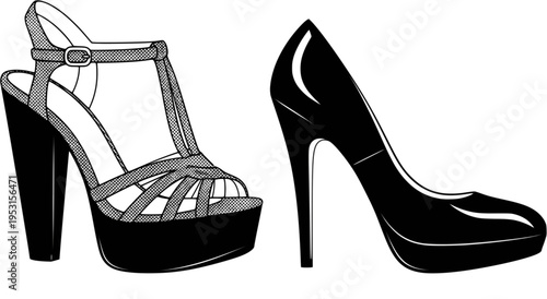 Two elegant high-heeled shoes, a platform sandal and a stiletto pump

