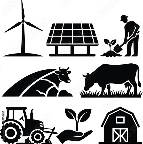 Collection of sustainable agriculture icons featuring wind turbine solar panels farmer planting sprout cow grazing tractor and barn silhouettes.