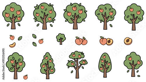 Cute Peach Tree Icon Set with Pink Peaches and Green Leaves