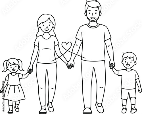 A family of four standing together with arms around each other's shoulders.