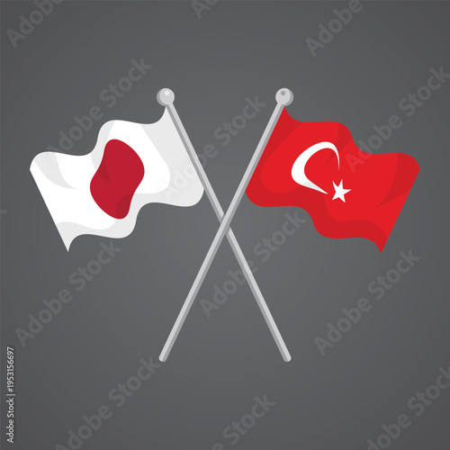 Crossed Japan and Turkey flags on silver poles for official diplomatic relations and international cultural exchange