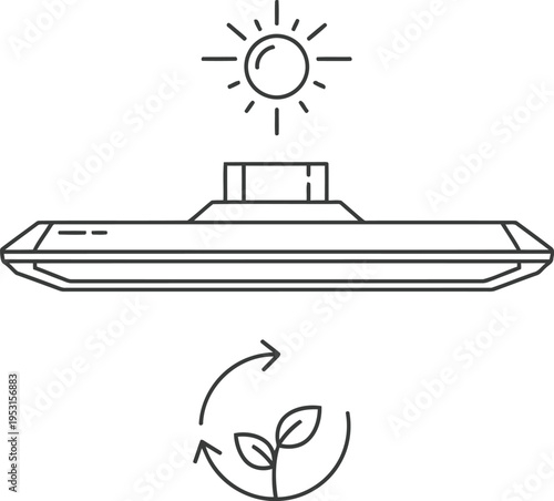 Illustration of a fluorescent light fixture emitting light and rotating air currents