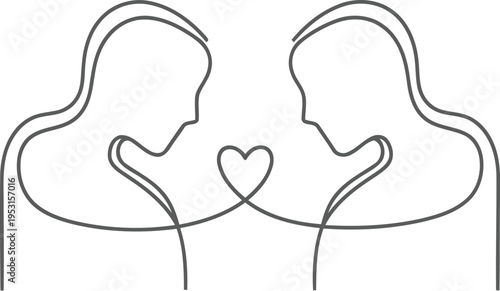 Two silhouettes sharing a heart symbol between them in a minimalist line drawing