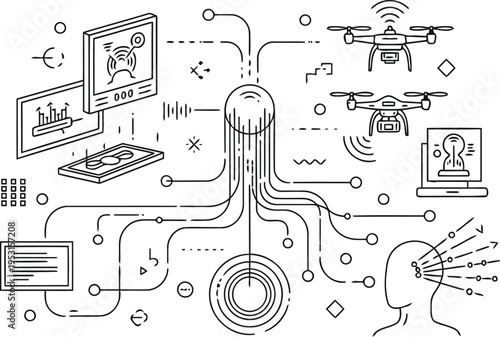 Complex schematic diagram of networked devices and data flow processes