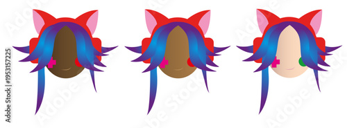 Set of Diverse Female Gamer Avatars with Cat Ear Headphones and Colorful Hair Vector Illustration