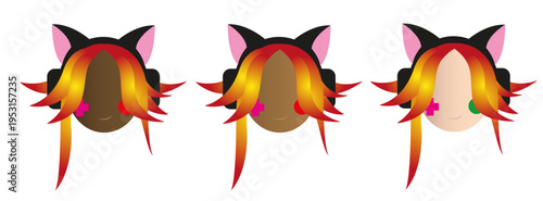 Set of Diverse Female Gamer Avatars with Cat Ear Headphones and Colorful Hair Vector Illustration