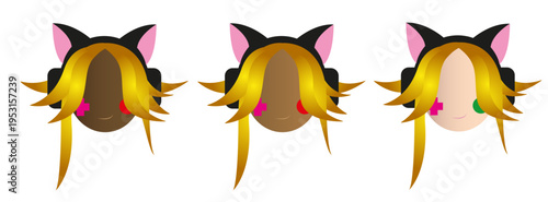 Set of Diverse Female Gamer Avatars with Cat Ear Headphones and Colorful Hair Vector Illustration